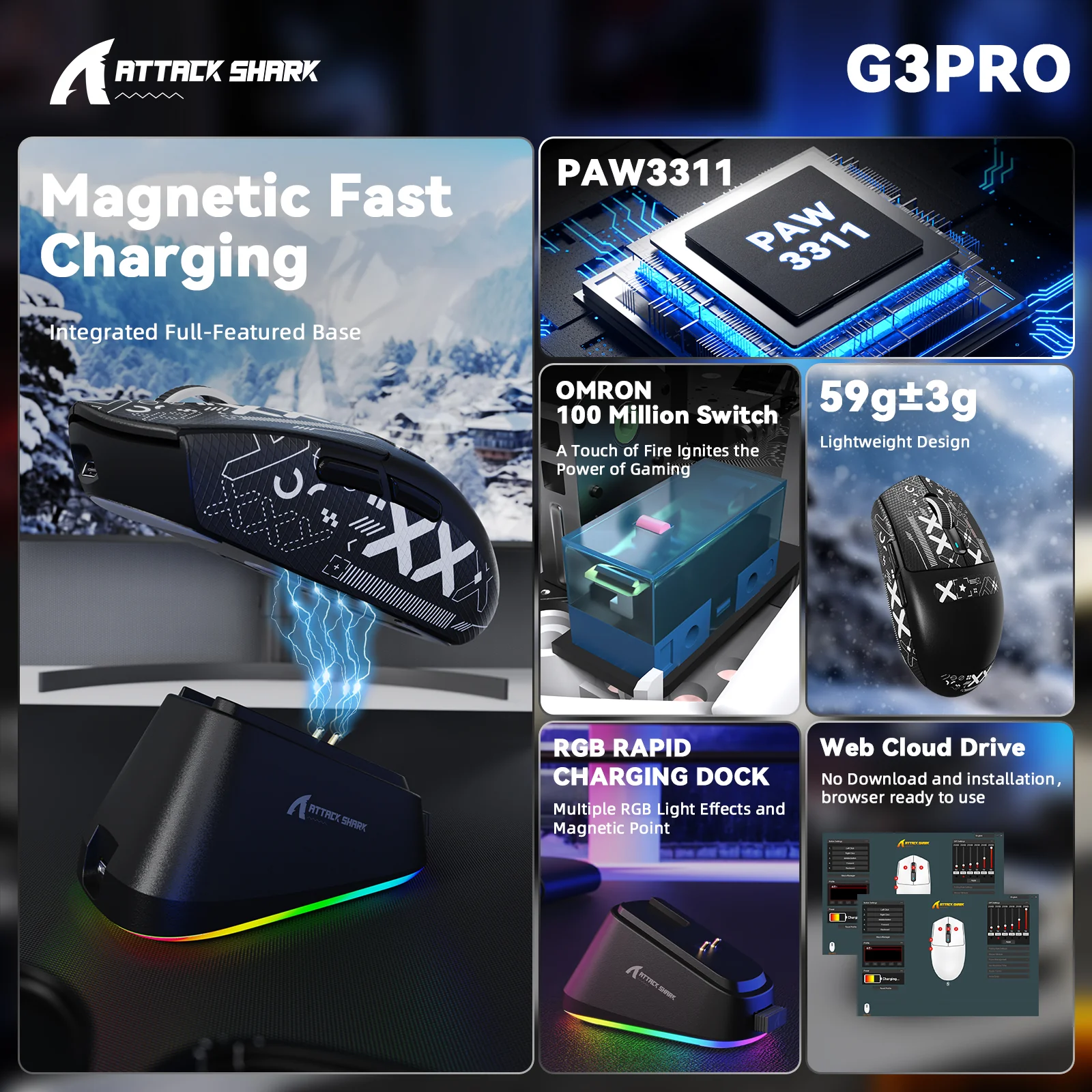 ATTACK SHARK G3 PRO Tri-mode Wireless Gaming Mouse with Charge Dock 25000 DPI Ultra Lightweight - Image 48