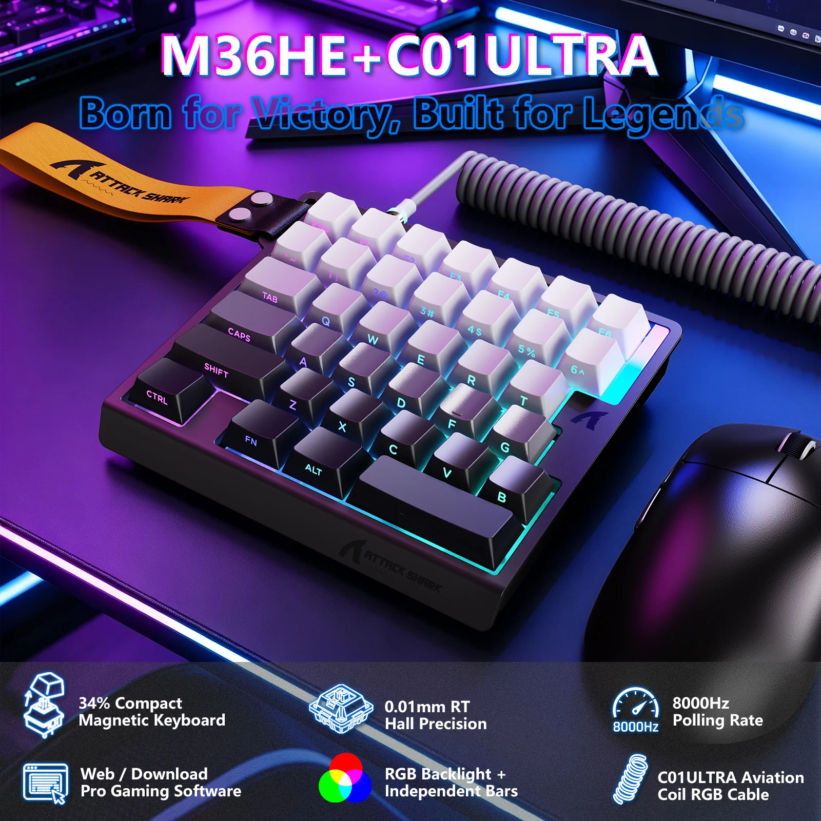 ATTACK SHARK M36 HE One-Handed Magnetic Switch Keyboard & C01 ULTRA LED Aviator Cable - Image 2