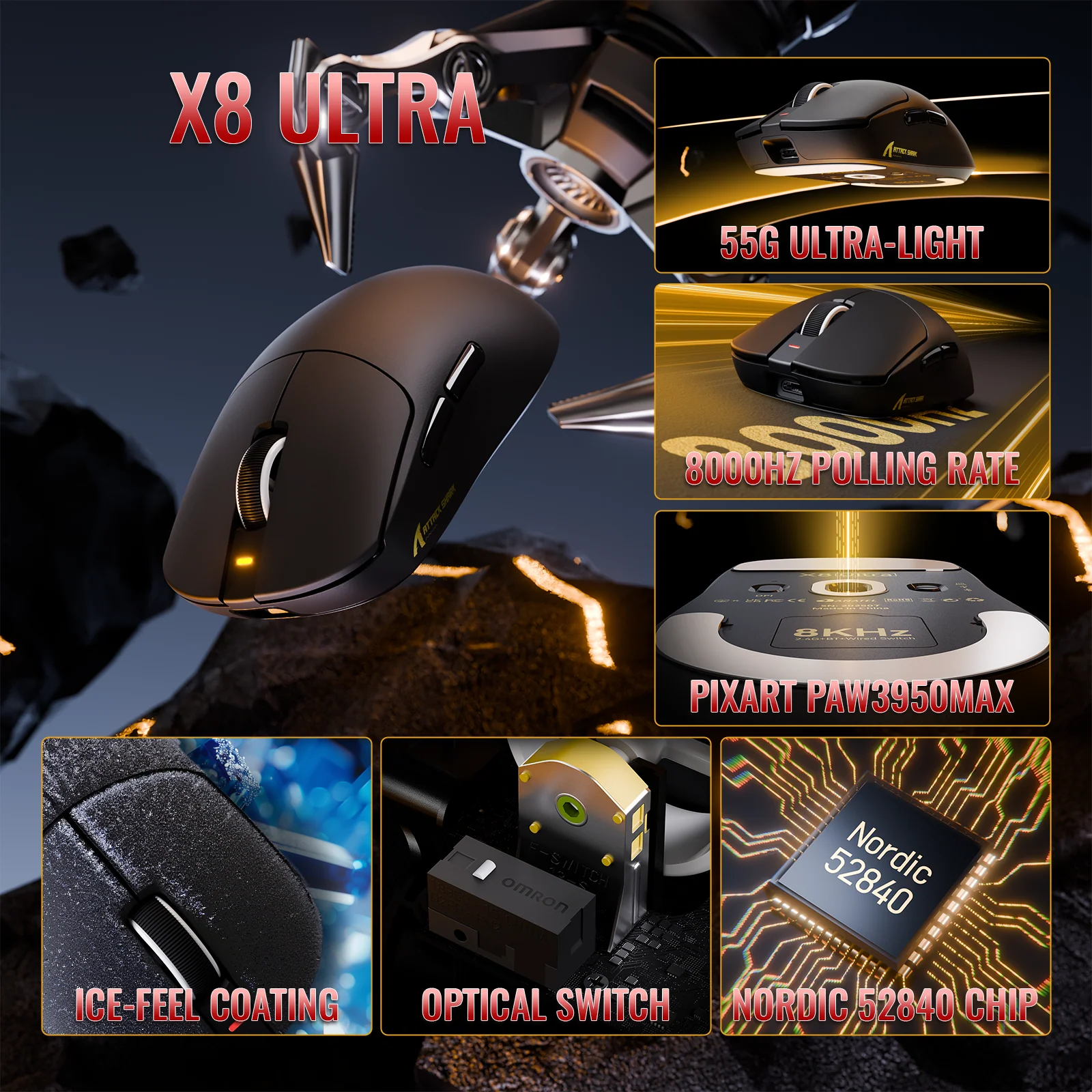 ATTACK SHARK X8 Series Tri-mode Lightweight Wireless Gaming Mouse - Image 12